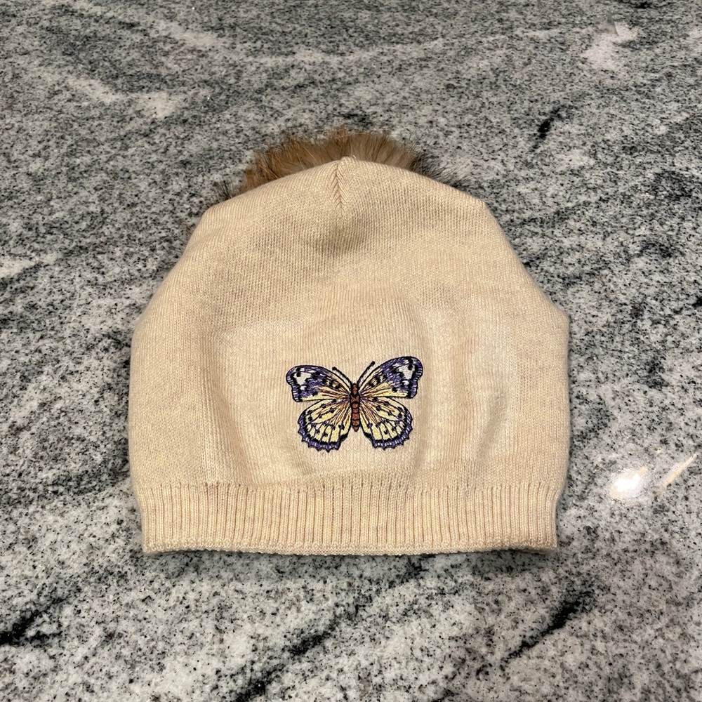 New Custom Designed Tan Pom Beanie with Purple Butterfly